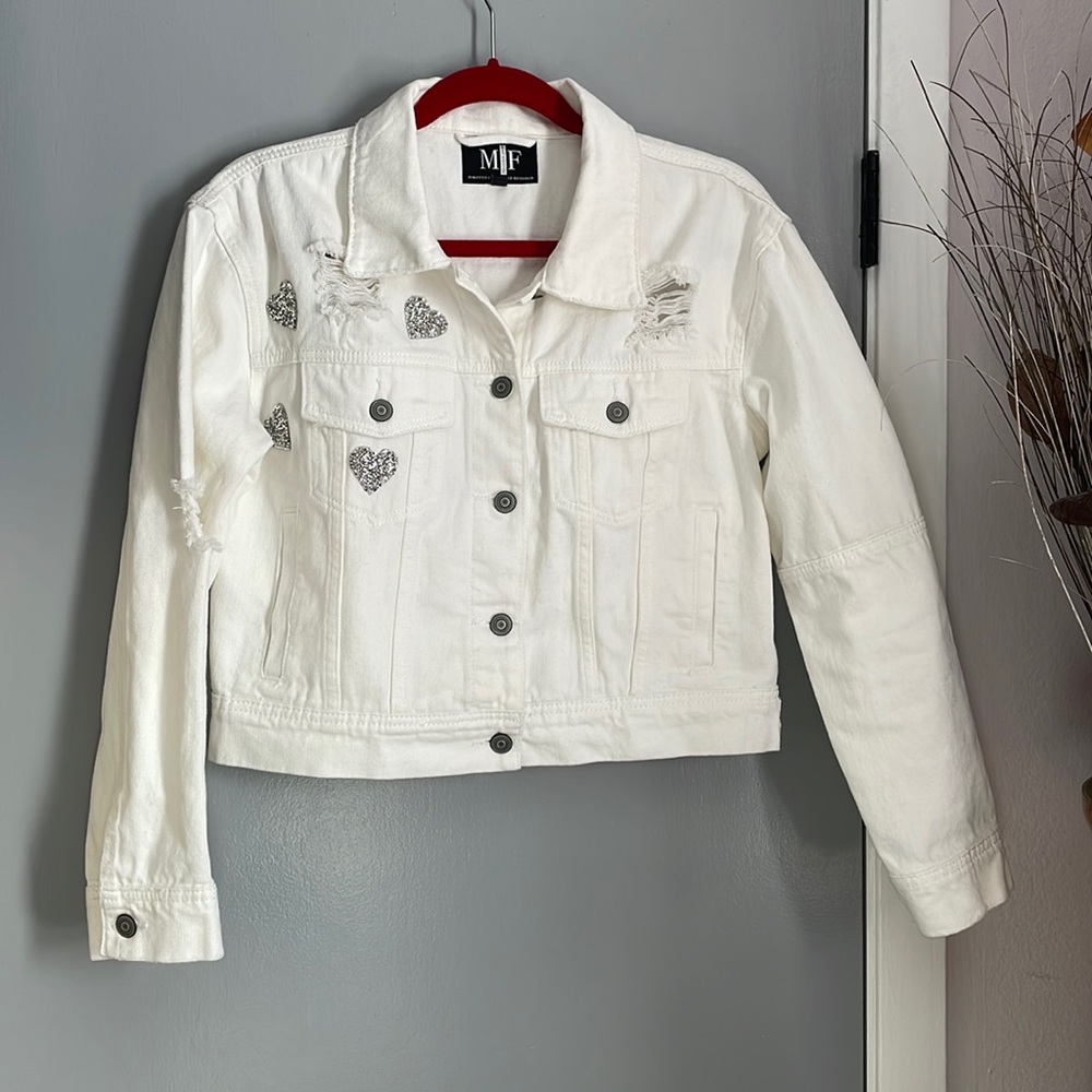 New Moving Forward Designs denim distressed Love jacket, size S